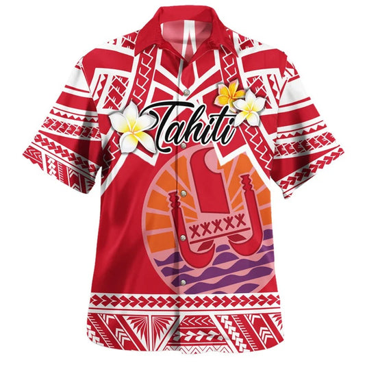 Tahiti Polynesian Tribal Plumeria Flowers Pattern Hawaiian Shirts For Men Clothes Printed Tahitian Summer Button Shirt