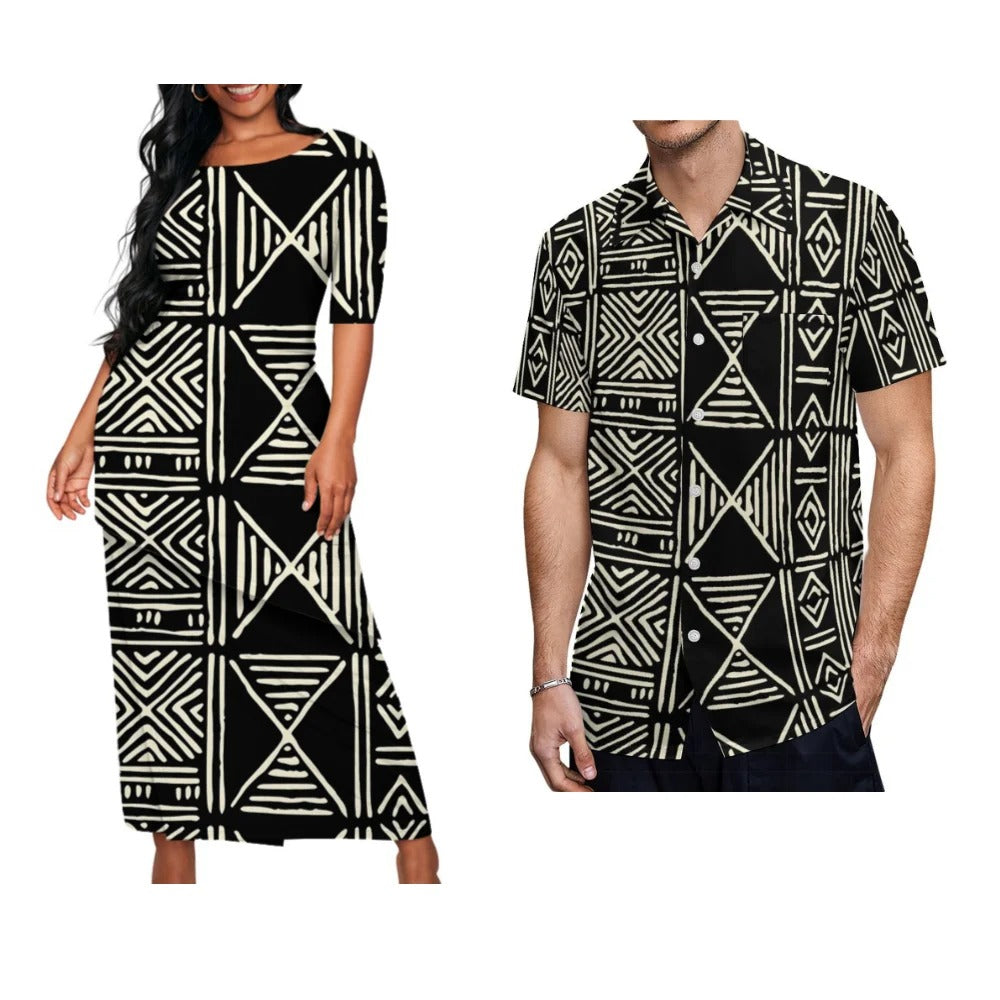 Black Polynesian Triabl Pattern Printed Matching Outfit For Couple Polynesian Puletasi Dress Two-Piece Suit With Men's Shirt