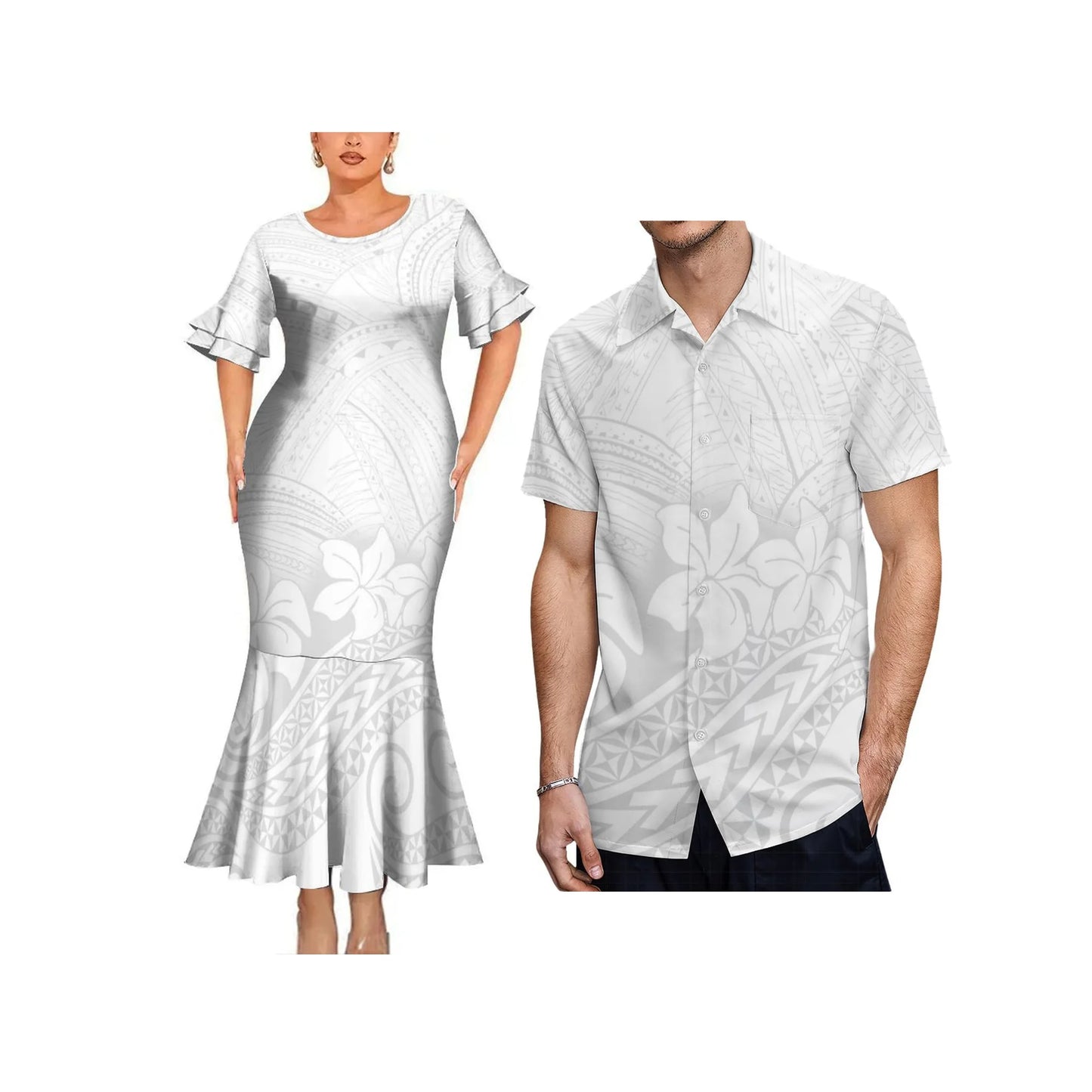 Polynesian Tribal Tropical Flowers White Couple Matching Dress Fishtail Skirt Dress And Hawaii Shirt Outfit