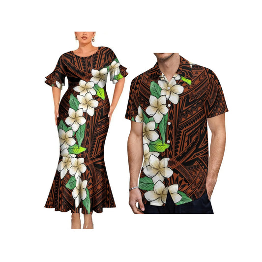 Polynesian Tribal Tropical Flowers Curve Style Couple Matching Dress Fishtail Skirt Dress And Hawaii Shirt Outfit