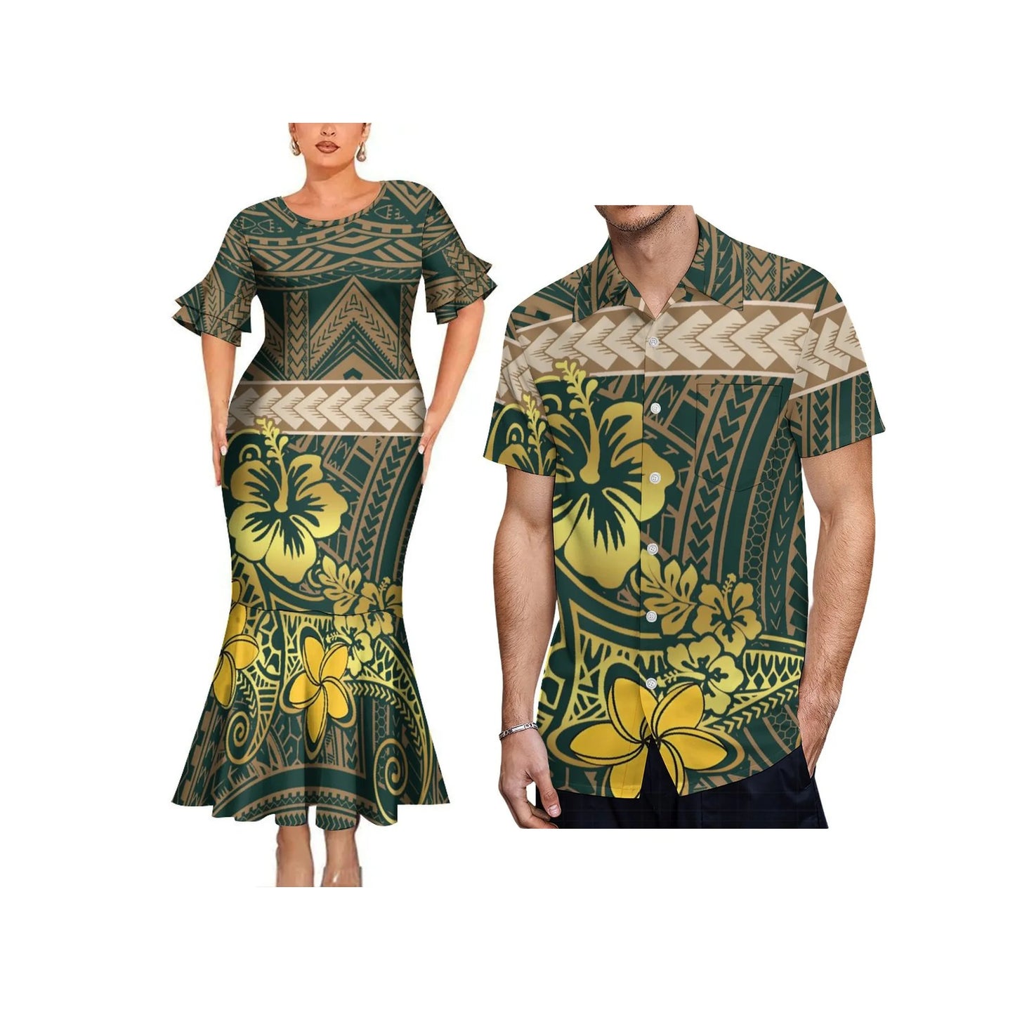Polynesian Tribal Hibiscus Flowers Pattern Couple Matching Dress Fishtail Skirt Dress And Hawaii Shirt Outfit