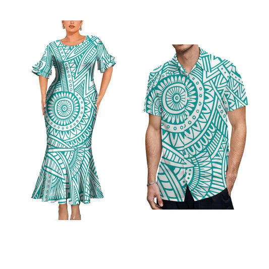 Summer Polynesian Blue Matching Outfit For Coupler Polynesian Tribal Pattern Fishtail Dress And Hawaiian Shirt
