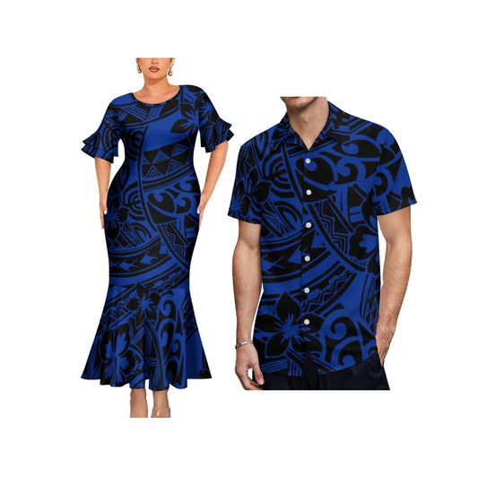 Polynesian Tribal Pattern Blue Couple Matching Dress Fishtail Skirt Dress And Hawaii Shirt Outfit