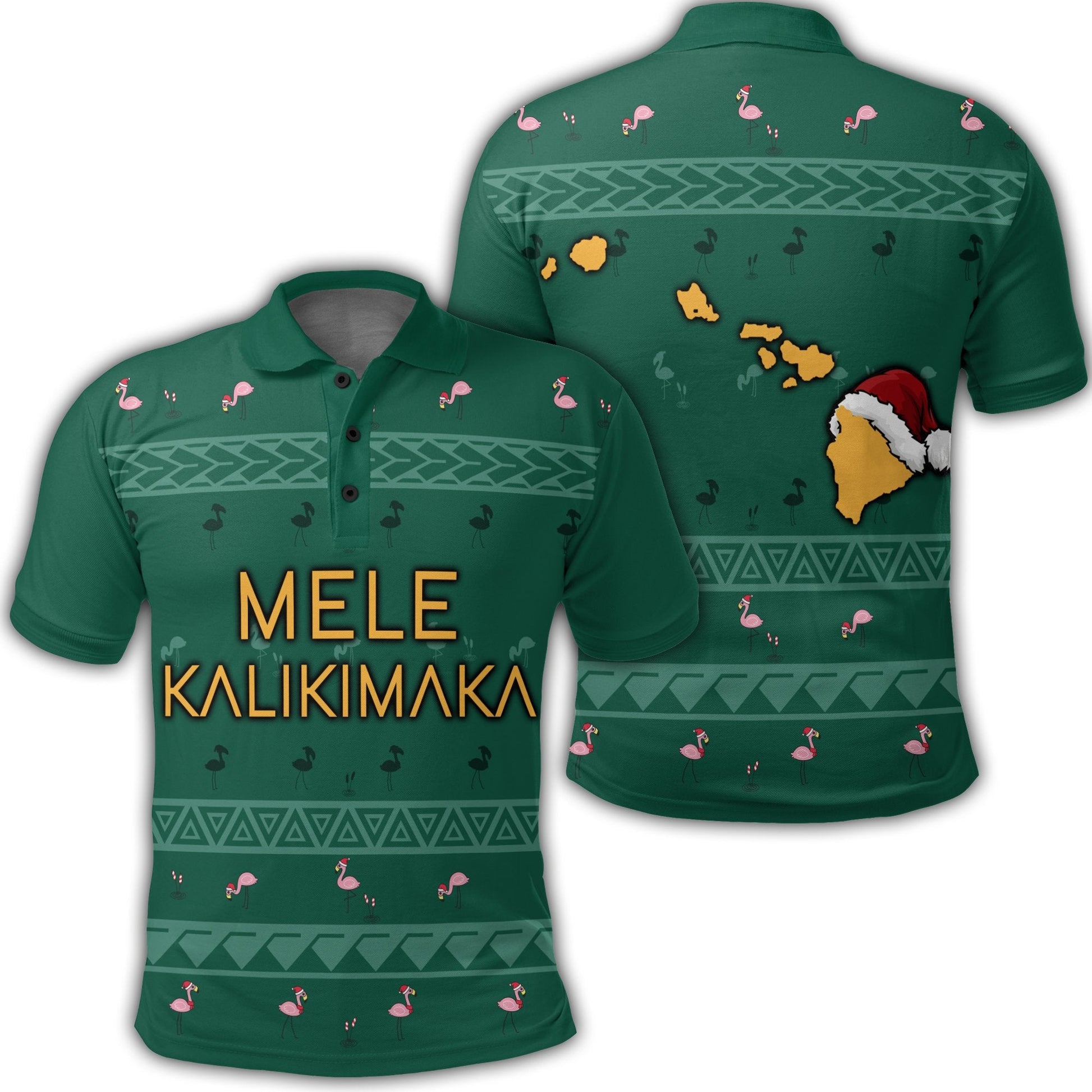 Hawaiian Map Polynesian Mele Kalikimaka Flamingo Christmas Polo Shirt