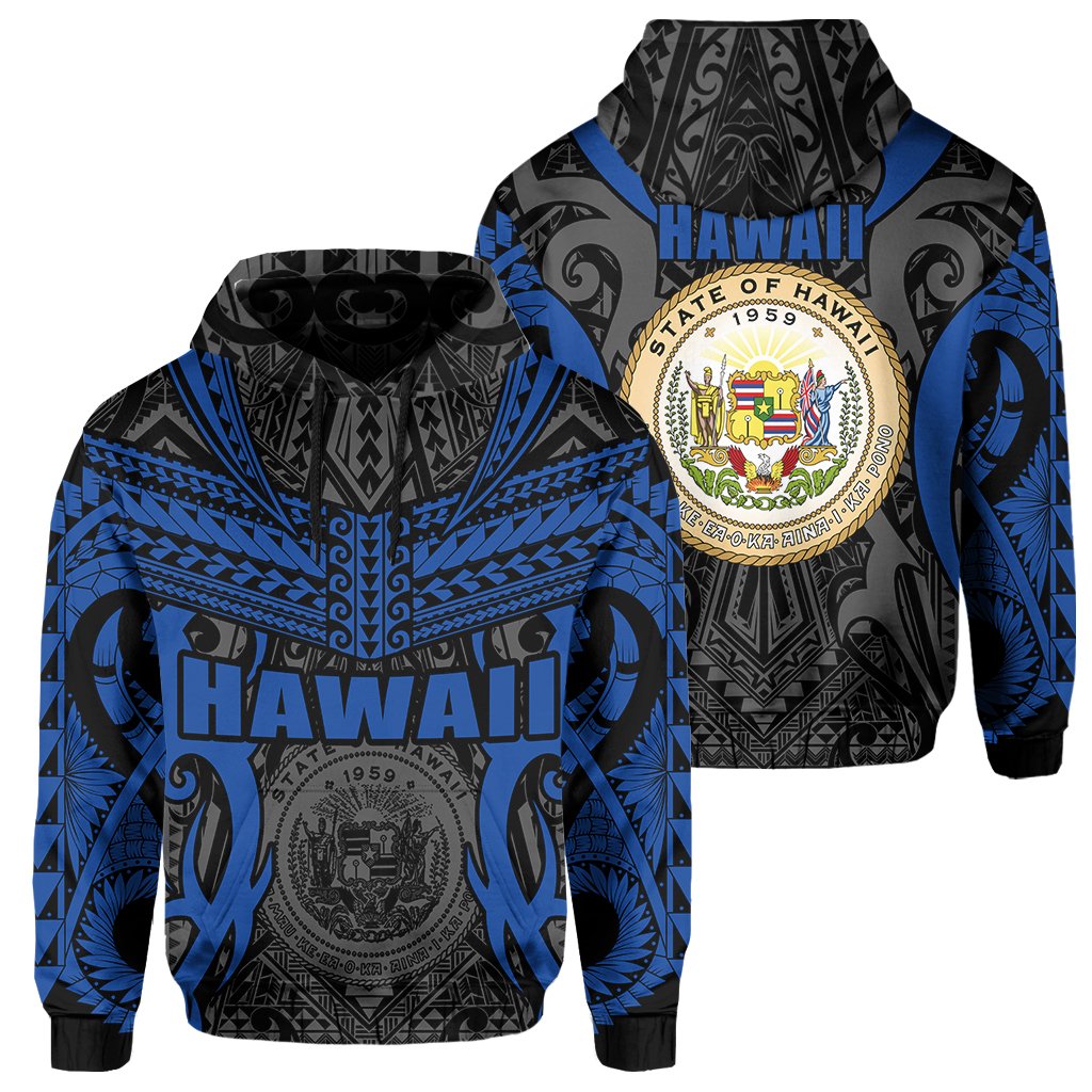 Hawaii Polynesian Tribal Coat Of Arms Hoodie AH Blue Mark Style