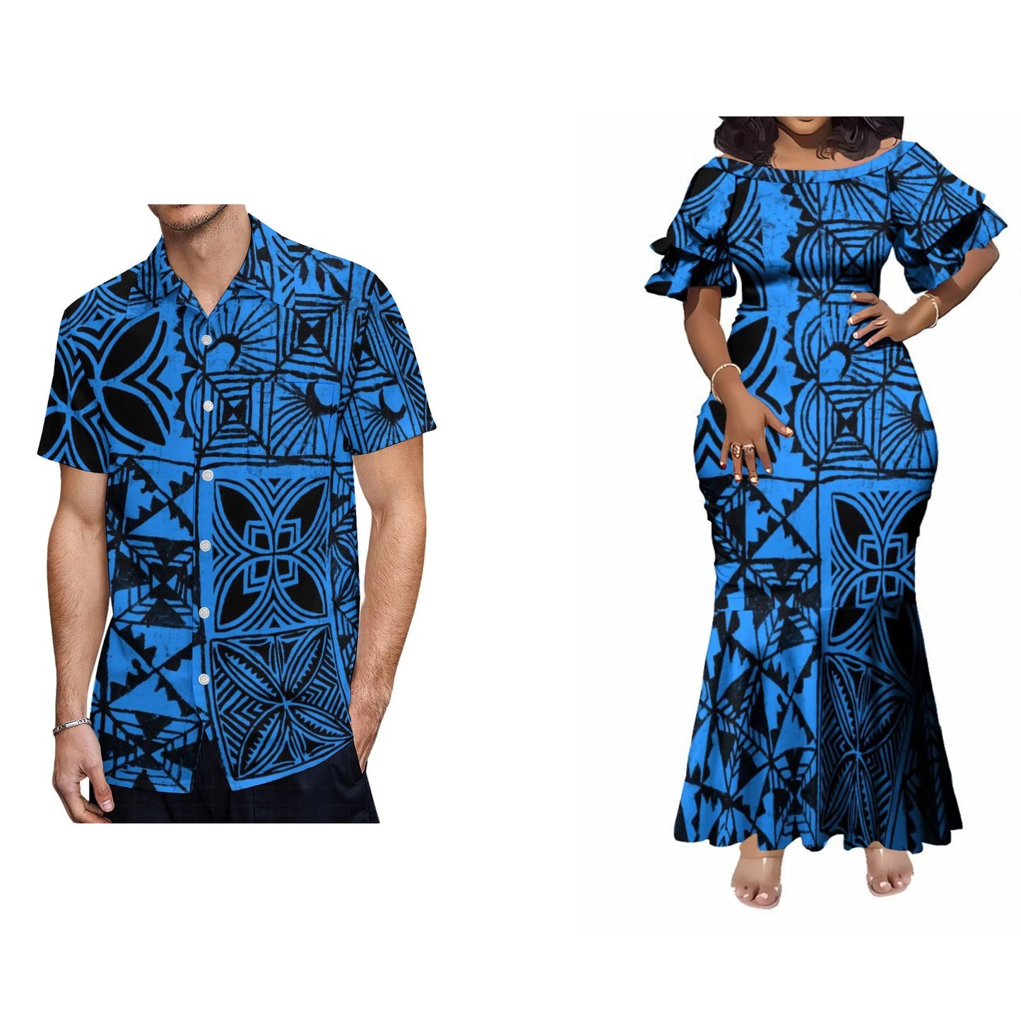 Polynesian Tribal Geometric Fishtail Skirt Dress And Shirt Polynesian Blue Pattern Matching Outfit For Him Her