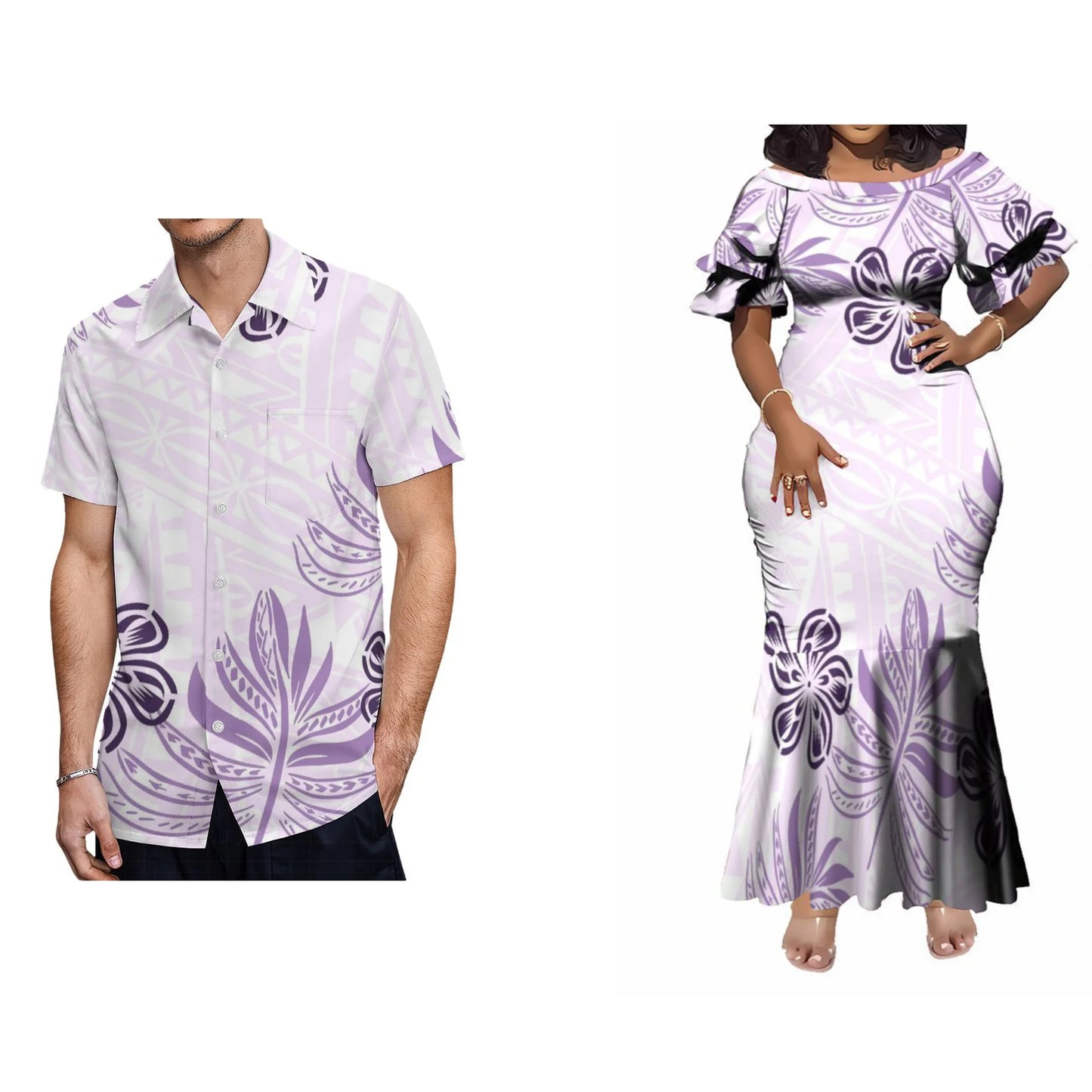 Polynesian Tribal Geometric Fishtail Skirt Dress And Shirt Polynesian Flowers Pattern Purple Matching Outfit For Him Her