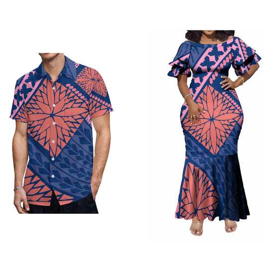 Polynesian Tribal Geometric Fishtail Skirt Dress And Shirt Blue Polynesian Tribal Matching Outfit For Him Her