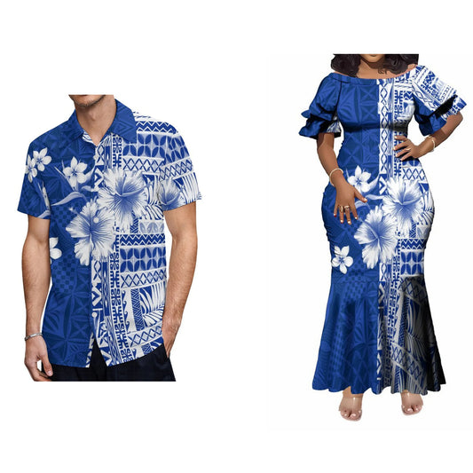 Polynesian Tribal Fishtail Skirt Dress And Shirt Polynesian Hibiscus Pattern Blue Matching Outfit For Him Her
