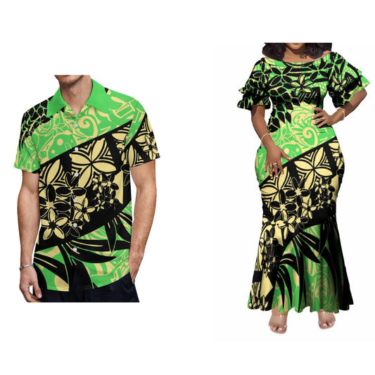 Polynesian Tribal Geometric Green Fishtail Skirt Dress And Shirt Polynesian Pattern Matching Outfit For Him Her