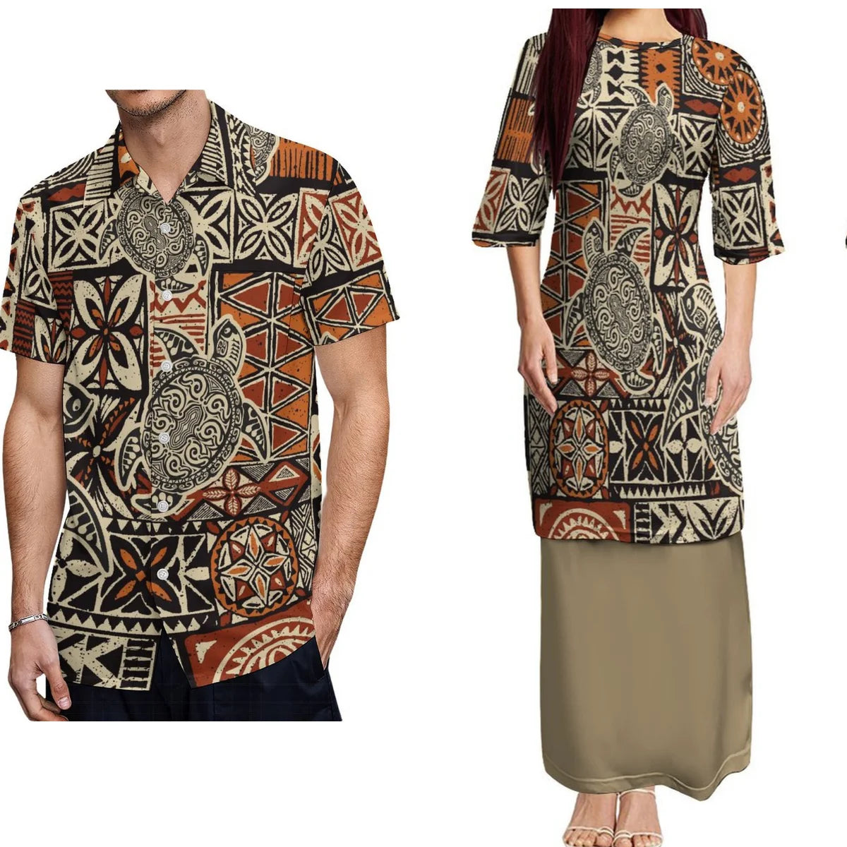 Samoan Traditional Island Sea Turtle Pattern Puletasi Dress Two-Piece Polynesian Island Matching Pair Outfit Matching Hawaiian Men's Shirt