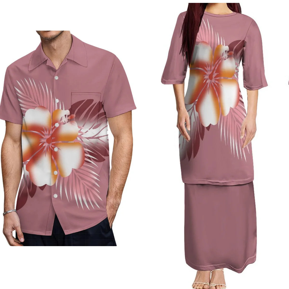 Samoan Traditional Island Flowers Pattern Puletasi Dress Two-Piece Polynesian Island Matching Pair Outfit Matching Hawaiian Men's Shirt