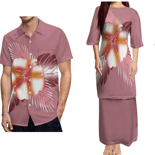 Samoan Traditional Island Flowers Pattern Puletasi Dress Two-Piece Polynesian Island Matching Pair Outfit Matching Hawaiian Men's Shirt