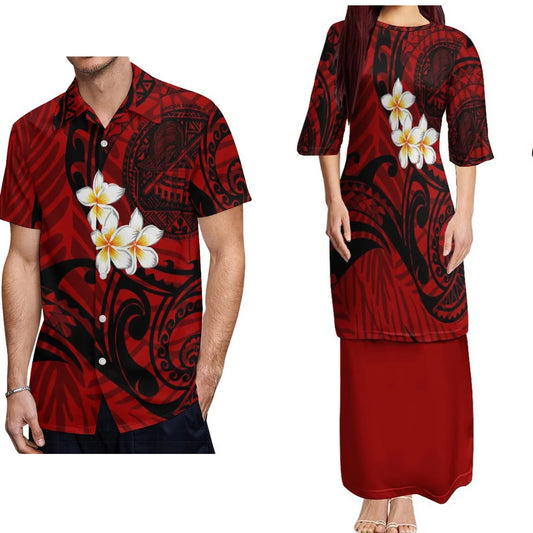 Samoan Traditional Polynesian Plumeria Flowers Pattern Puletasi Dress Two-Piece Polynesian Island Matching Pair Outfit Matching Hawaiian Men's Shirt