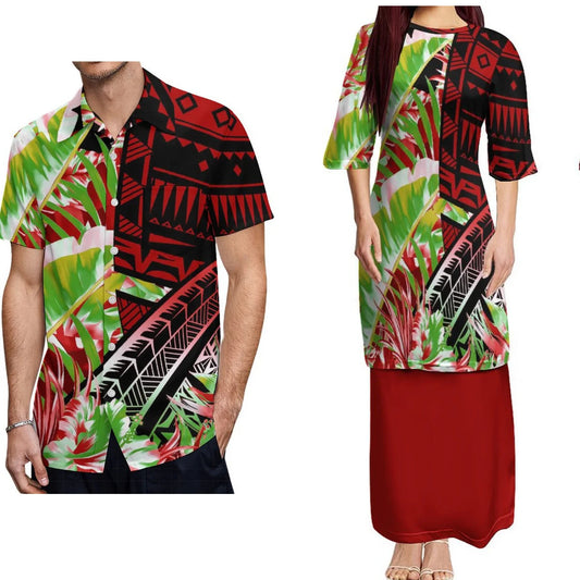 Samoan Traditional Polynesian Tropical Pattern Puletasi Dress Two-Piece Polynesian Island Matching Pair Outfit Matching Hawaiian Men's Shirt