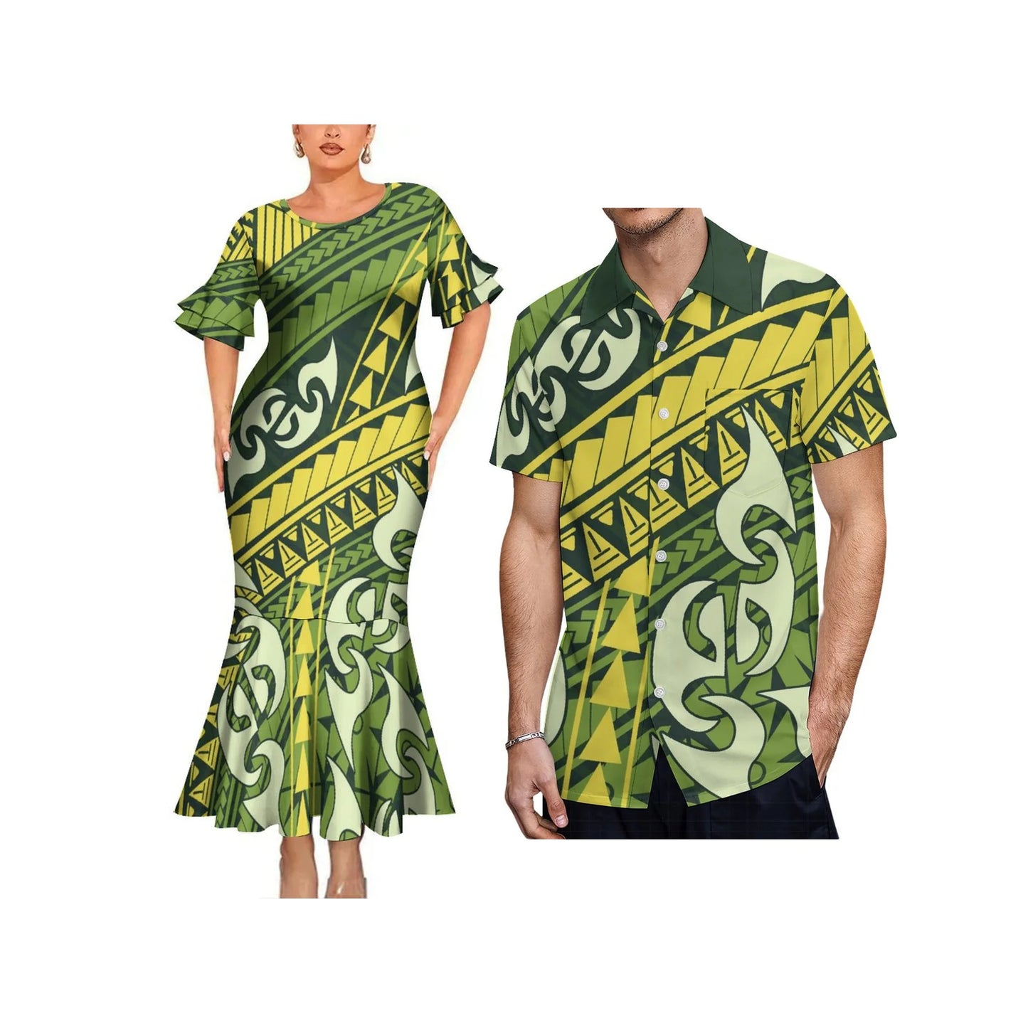Polynesian Tribal Pattern Printed Green Couple Matching Dress Fishtail Skirt Dress And Hawaii Shirt Outfit