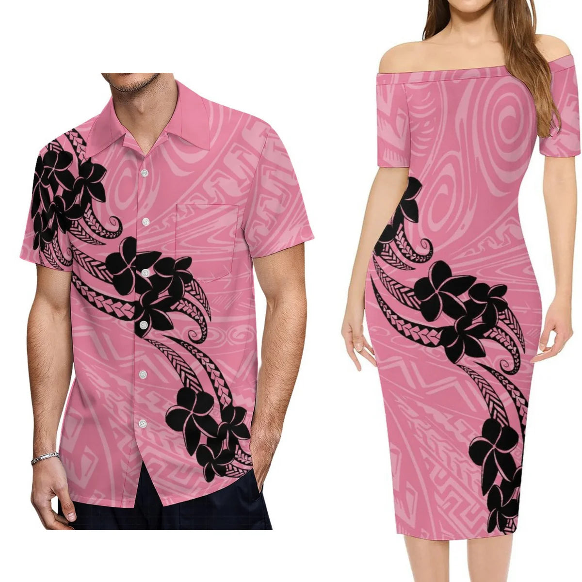 Pink Plumeria Flowers Polynesian Tribal Pattern Outfit For Couple Polynesian Island Off Shoulder Lady Short Sleeve Dress And Shirt Party Set