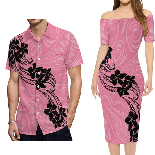 Pink Plumeria Flowers Polynesian Tribal Pattern Outfit For Couple Polynesian Island Off Shoulder Lady Short Sleeve Dress And Shirt Party Set