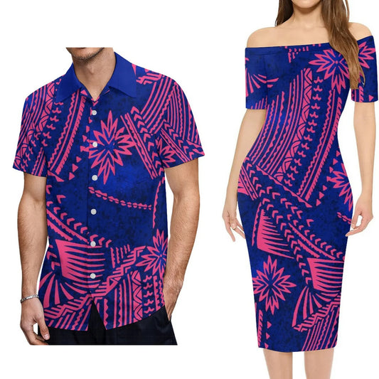 Polynesian Tribal Pattern Outfit For Couple Polynesian Island Off Shoulder Lady Short Sleeve Dress And Shirt Party Set