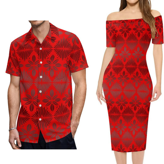 Red Polynesian Tribal Pattern Outfit For Couple Polynesian Island Off Shoulder Lady Short Sleeve Dress And Shirt Party Set