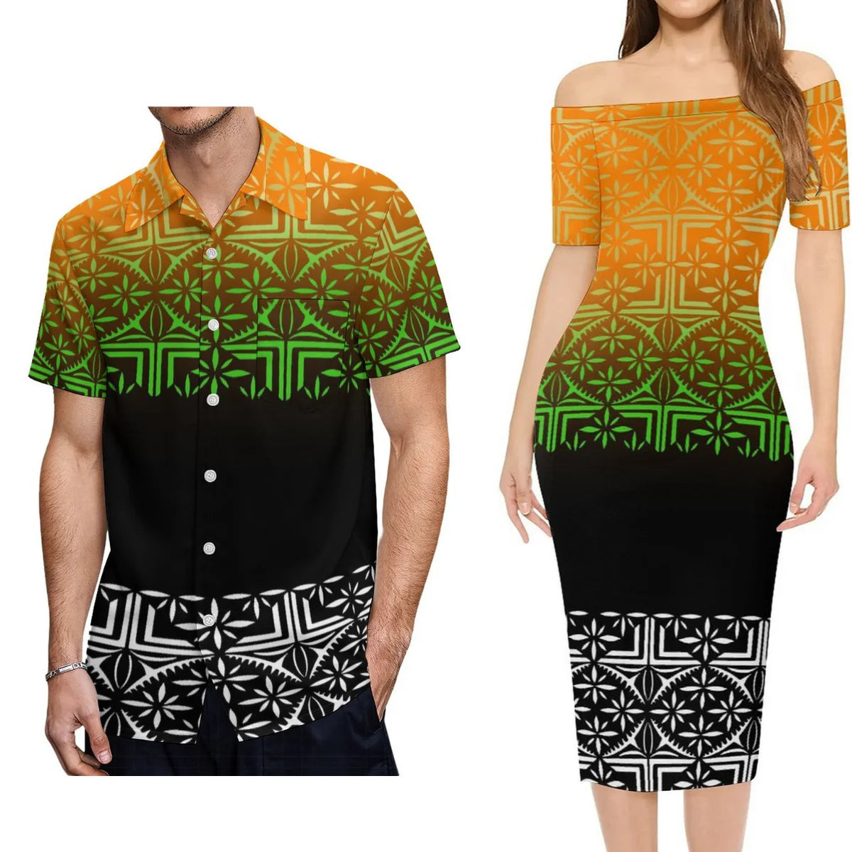 Polynesian Tribal Pattern Outfit For Couple Green Polynesian Island Off Shoulder Lady Short Sleeve Dress And Men's Hawaiian Shirt