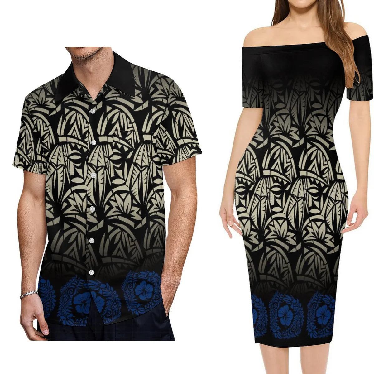 Polynesian Tribal Pattern Outfit For Couple Black Polynesian Island Off Shoulder Lady Short Sleeve Dress And Shirt Party Set
