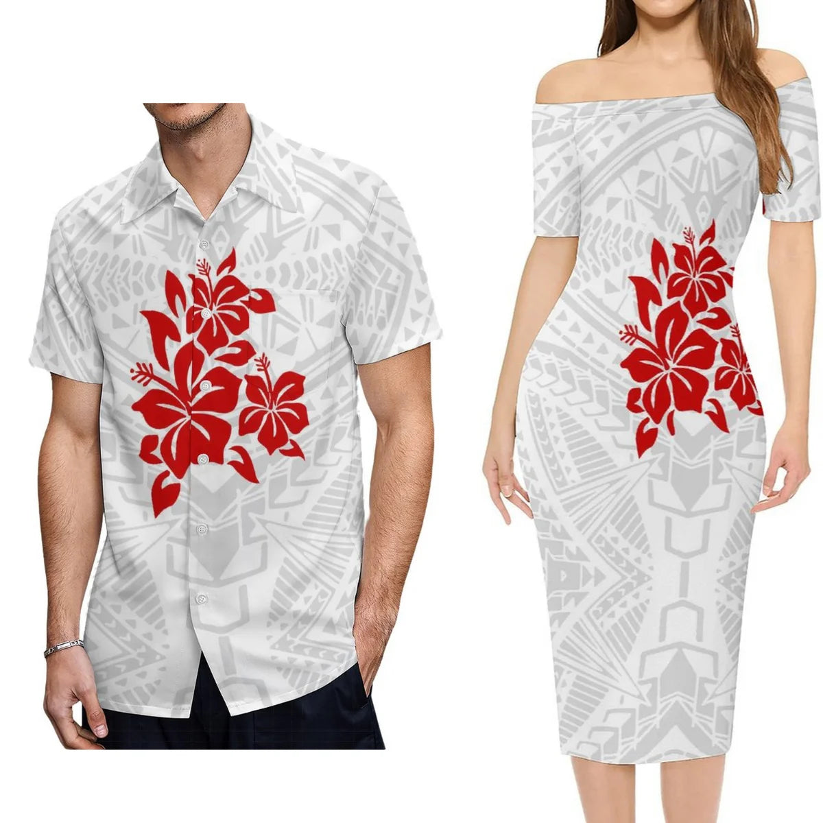 Polynesian Tribal Flowers Pattern Outfit For Couple White Polynesian Island Off Shoulder Lady Short Sleeve Dress And Shirt Party Set