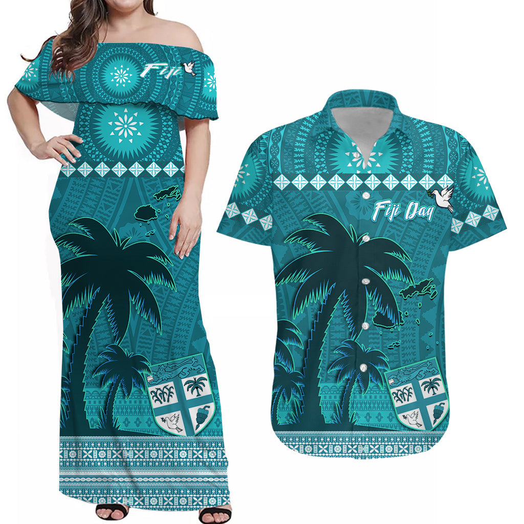 (Custom Personalised) Bula Fiji Matching Outfit For Couple Combo Dress and Hawaiian Shirt Fijian Tapa with Palm Tree Turquoise