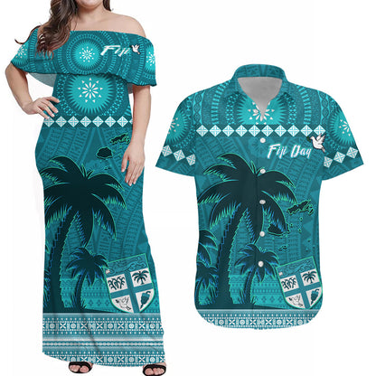 (Custom Personalised) Bula Fiji Matching Outfit For Couple Combo Dress and Hawaiian Shirt Fijian Tapa with Palm Tree Turquoise