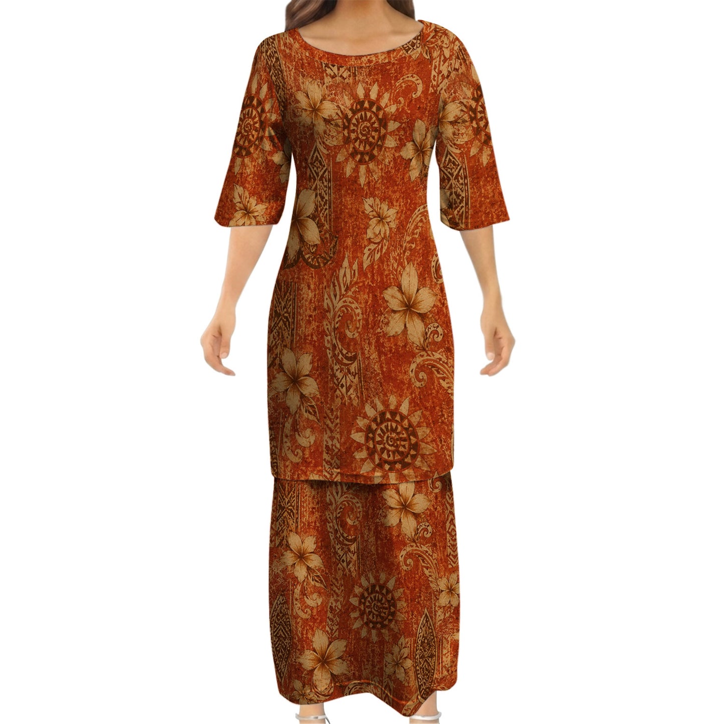 Polynesian Tribal Vintage Flowers Pattern Matching Outfit For Couple Tropical Puletasi Dress And Hawaiian Shirt For Her Him