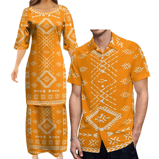 Samoan Orange Puletasi Polynesian Tattoo Pattern Matching Outfit For Couple Women Dresses lady Design Dress Matching Men's Short-Sleeved Shirts Couple Suit