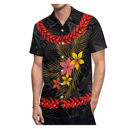 Polynesian Tribal Flowers Pattern Black Couple Matching Outfit Island Short Sleeve Mermaid Long Dress And Shirt