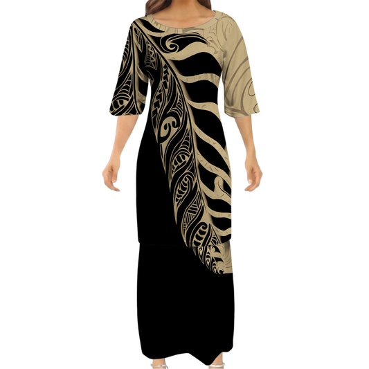 Polynesian Tribal Leaf Pattern Couple Outfit Matching Island Dress And Lavalava