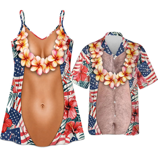 Funny Couple Matching Outfit Polynesian Tribal Mask Pattern Women Strap Short Swing Dress And Big Belly Shirt