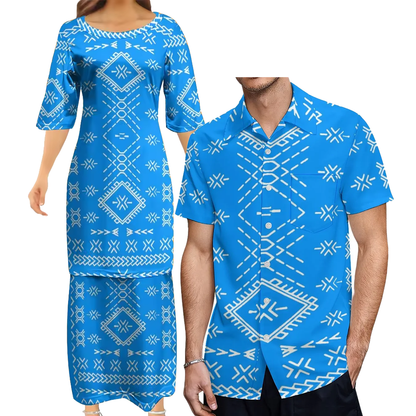 Samoan Blue Puletasi Polynesian Tattoo Pattern Matching Outfit For Couple Women Dresses lady Design Dress Matching Men's Short-Sleeved Shirts Couple Suit