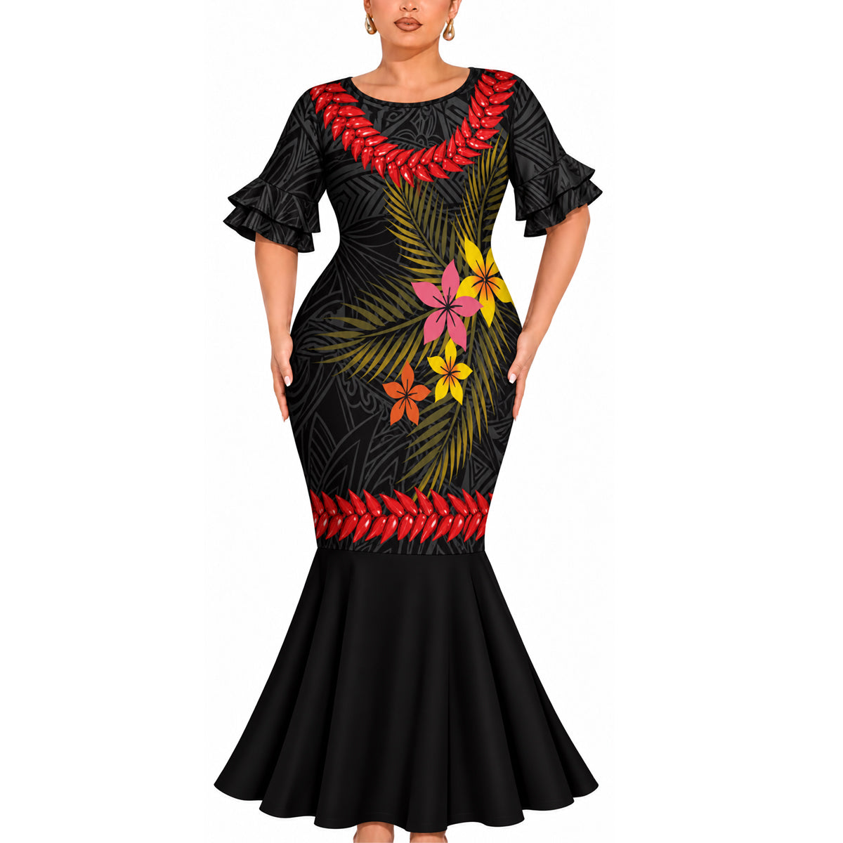 Polynesian Tribal Flowers Pattern Black Couple Matching Outfit Island Short Sleeve Mermaid Long Dress And Shirt