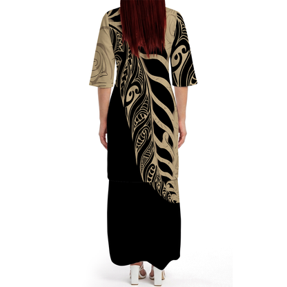 Polynesian Tribal Leaf Pattern Couple Outfit Matching Island Dress And Lavalava