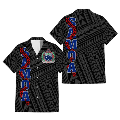 Samoa Coat Of Arms Couple Outfit Matching Polynesian Tribal Pattern Black Dress And Hawaiian Shirt For Her Him