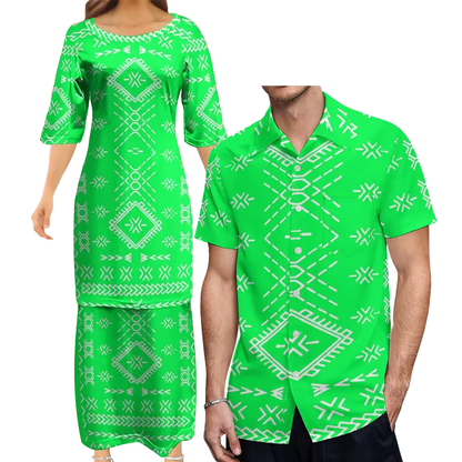 Samoan Green Neon Puletasi Polynesian Tattoo Pattern Matching Outfit For Couple Women Dresses lady Design Dress Matching Men's Short-Sleeved Shirts Couple Suit