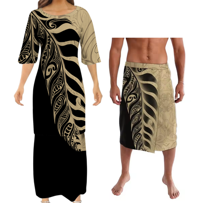Polynesian Tribal Leaf Pattern Couple Outfit Matching Island Dress And Lavalava