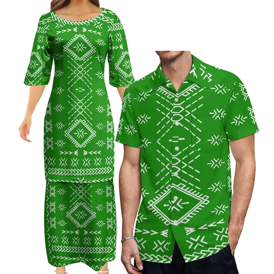 Samoan Green Puletasi Polynesian Tattoo Pattern Matching Outfit For Couple Women Dresses lady Design Dress Matching Men's Short-Sleeved Shirts Couple Suit