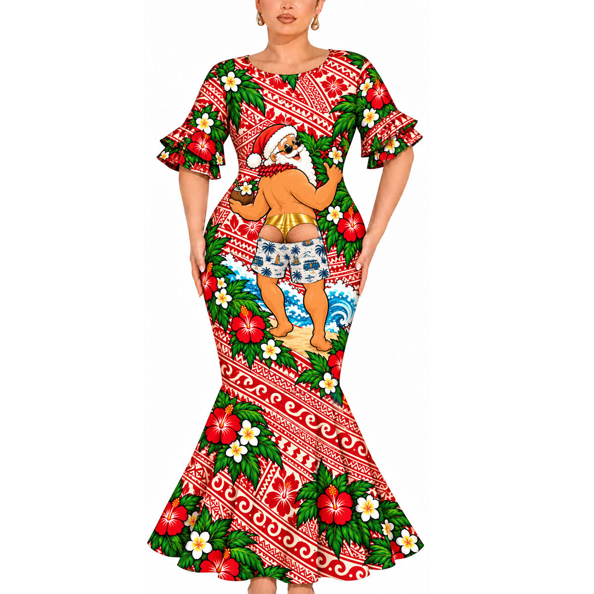 Funny Polynesian Tribal Christmas Pattern Couple Matching Outfit Island Short Sleeve Mermaid Long Dress And Shirt