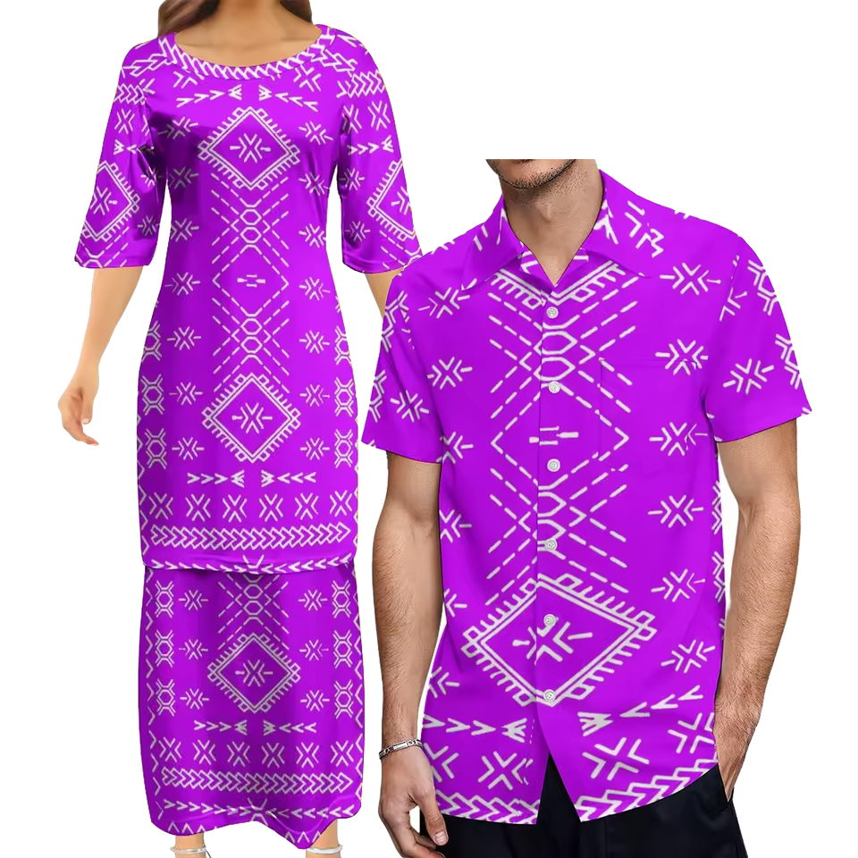 Samoan Purple Puletasi Polynesian Tattoo Pattern Matching Outfit For Couple Women Dresses lady Design Dress Matching Men's Short-Sleeved Shirts Couple Suit