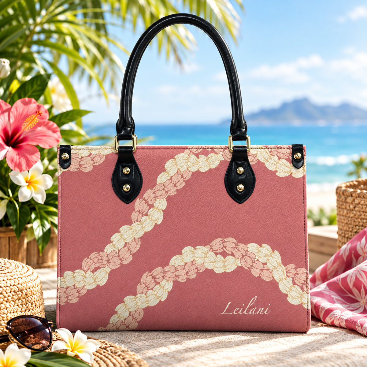 Custom Name Puakenikeni Hawaiian Flower Lei Pink Leather Handbag