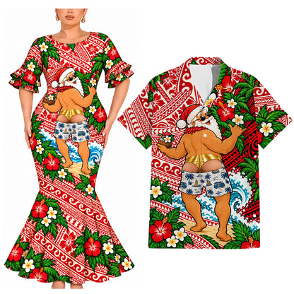 Funny Polynesian Tribal Christmas Pattern Couple Matching Outfit Island Short Sleeve Mermaid Long Dress And Shirt