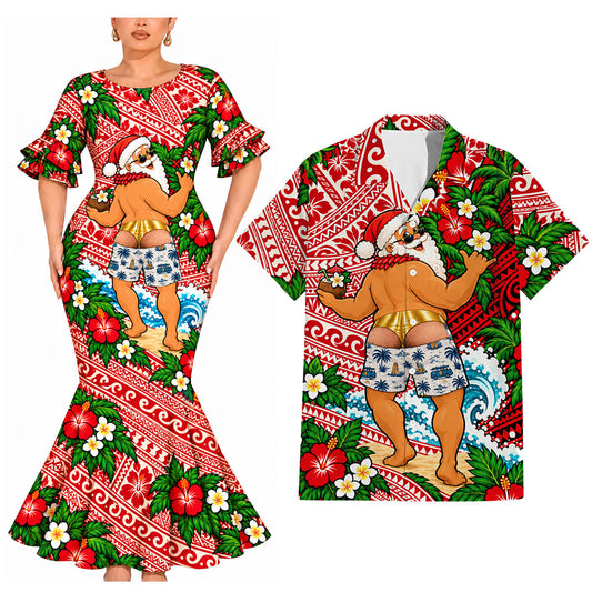 Funny Polynesian Tribal Christmas Pattern Couple Matching Outfit Island Short Sleeve Mermaid Long Dress And Shirt