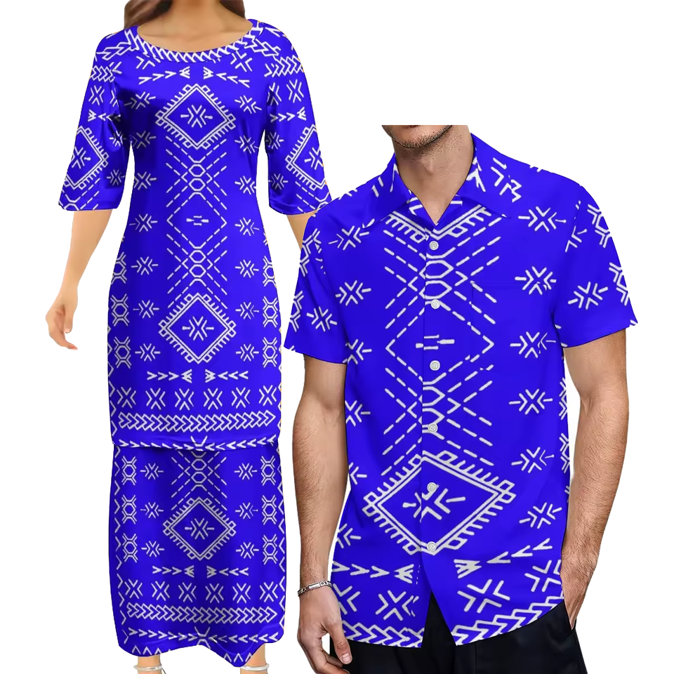 Samoan Blue Puletasi Polynesian Tattoo Pattern Matching Outfit For Couple Women Dresses lady Design Dress Matching Men's Short-Sleeved Shirts Couple Suit
