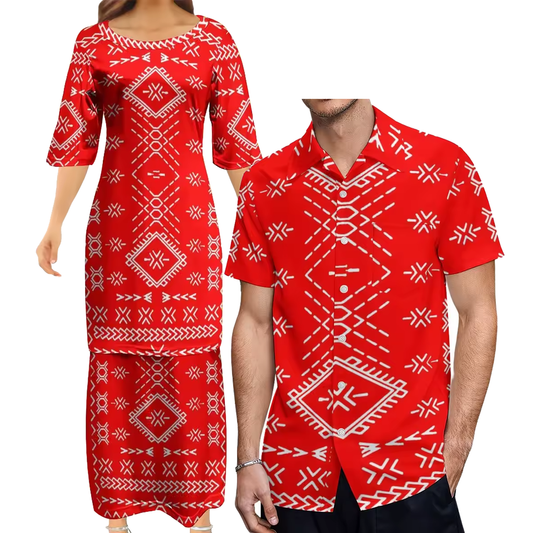 Samoan Light Red Puletasi Polynesian Tattoo Pattern Matching Outfit For Couple Women Dresses lady Design Dress Matching Men's Short-Sleeved Shirts Couple Suit