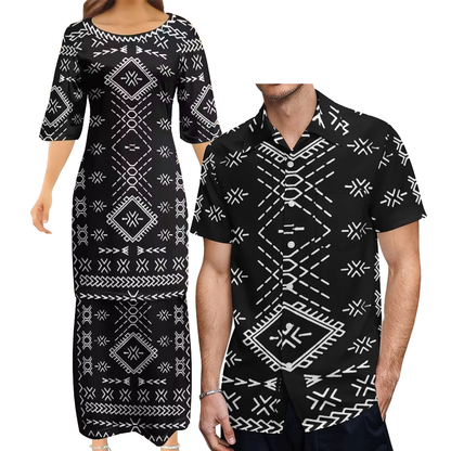Samoan Black Puletasi Polynesian Tattoo Pattern Matching Outfit For Couple Women Dresses lady Design Dress Matching Men's Short-Sleeved Shirts Couple Suit