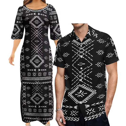 Samoan Black Puletasi Polynesian Tattoo Pattern Matching Outfit For Couple Women Dresses lady Design Dress Matching Men's Short-Sleeved Shirts Couple Suit